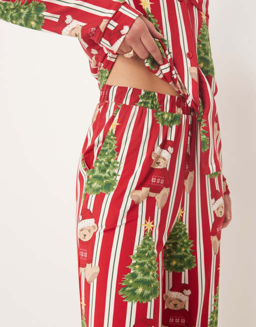 Chelsea Peers Tall poly long sleeve revere pajama set in Christmas teddy stripe print