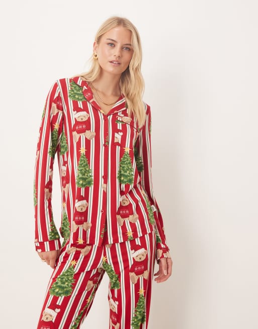 Chelsea Peers Tall poly long sleeve revere pajama set in Christmas teddy stripe print
