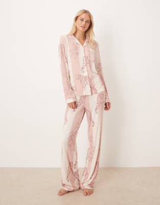Chelsea Peers Tall Poly Long Sleeve Revere Pajama Set In Pink