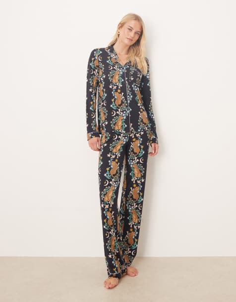 Chelsea Peers Tall polyester long sleeve revere pyjama set in navy botanical tiger print - view 1