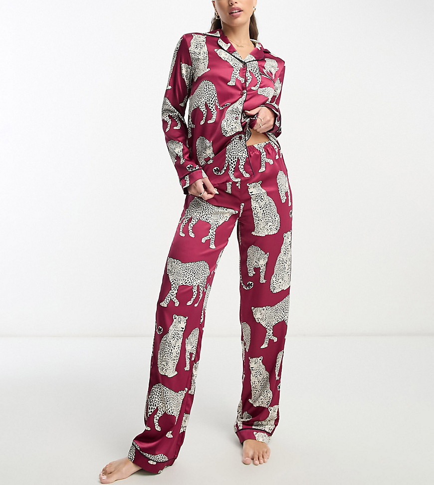 Tall premium Christmas satin camp collar top and pants pajama set in wine leopard print-Red