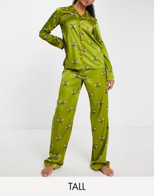 Chelsea Peers Tall premium satin bee print button top and trouser pyjama set in olive - ASOS Price Checker