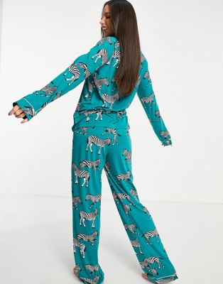 Pyjamas Chelsea Peers Tall - Pyjama avec top à revers et pantalon en jersey écologique à imprimé zèbres - Turquoise