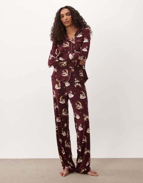 Chelsea Peers Tall super soft button up pyjama set in brown cow in the moon print with pink piping - view 1