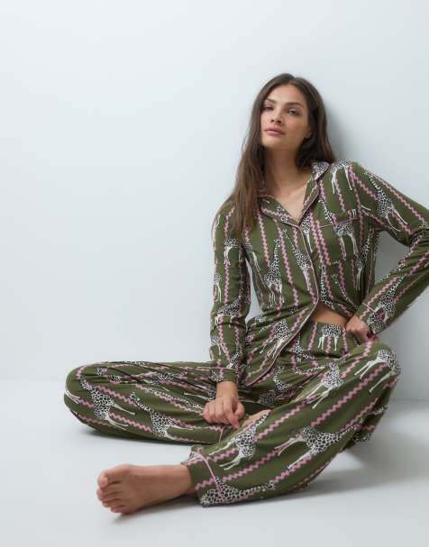 Chelsea Peers Tall super soft button up pyjama set in green and pink squiggle giraffe print - view 1