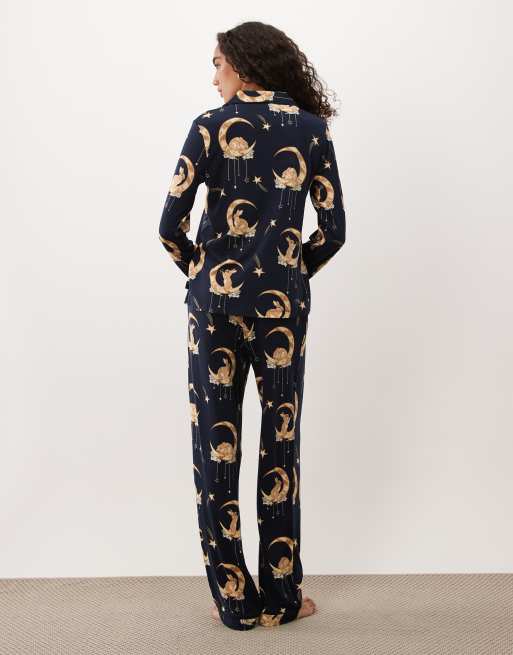 Chelsea Peers Tall super soft button up pyjama set in navy bunny moon print, 2 of 4