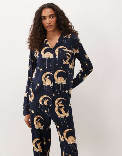 Chelsea Peers Tall super soft button up pyjama set in navy bunny moon print, 3 of 4