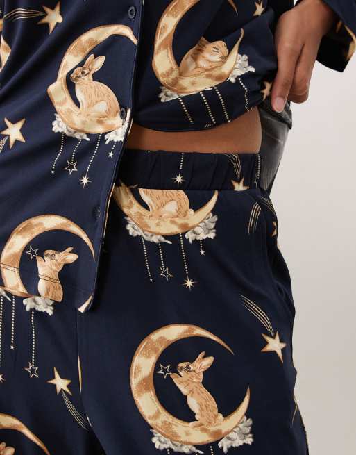 Chelsea Peers Tall super soft button up pyjama set in navy bunny moon print, 4 of 4