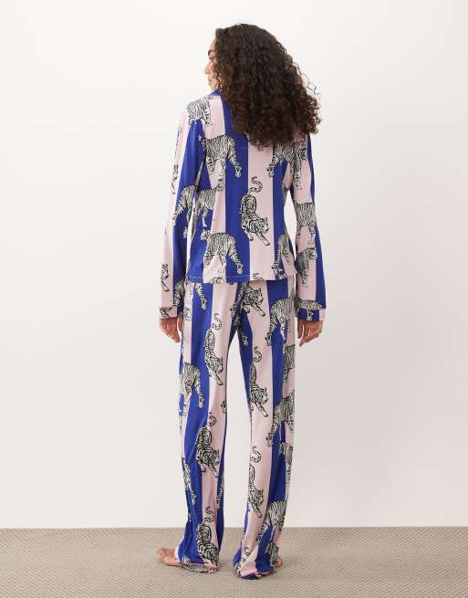 Chelsea Peers Tall super soft button up pyjama set in pink and blue stripe tiger, 2 of 4