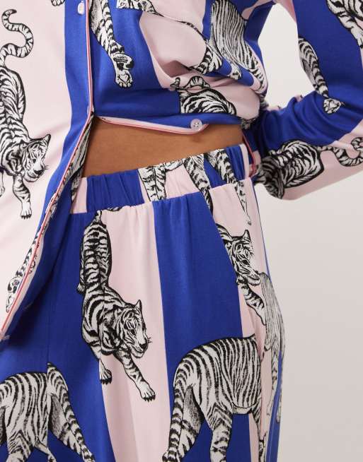 Chelsea Peers Tall super soft button up pyjama set in pink and blue stripe tiger, 4 of 4
