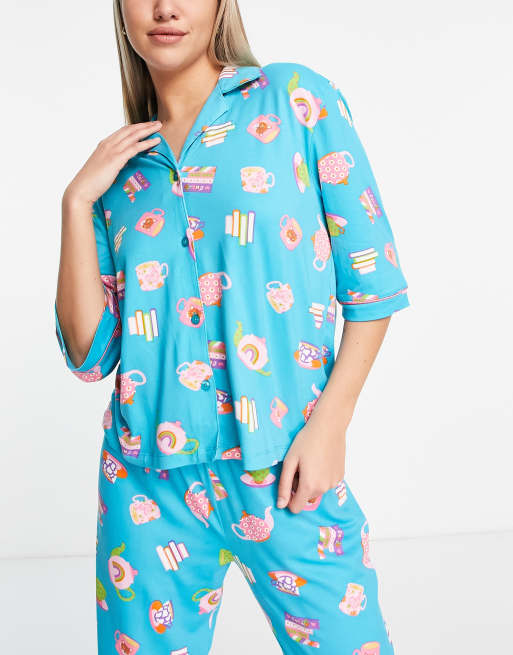 Chelsea Peers tea and books boxy long pajama set in green ASOS