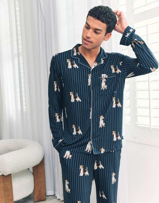 Chelsea Peers Terrier dog stripe print long pyjama set in navy, 2 of 4
