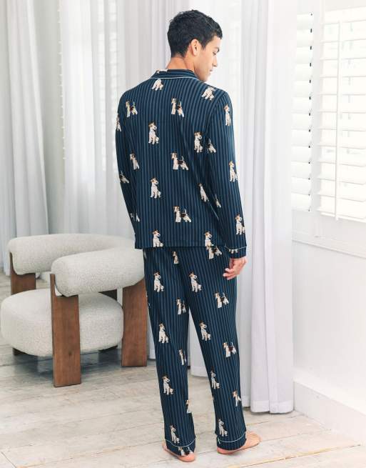Chelsea Peers Terrier dog stripe print long pyjama set in navy, 3 of 4