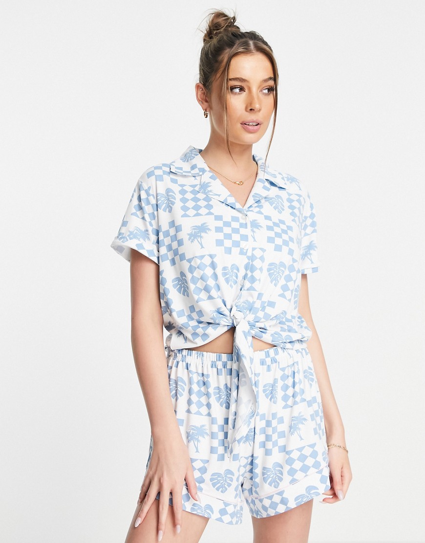 Chelsea Peers tie front crop shirt and short pajama set in blue checkerboard print