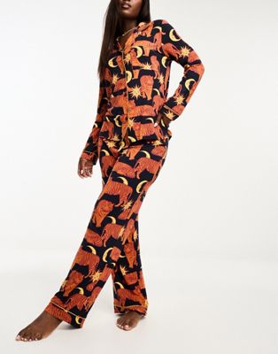 Chelsea Peers tiger and moon long button pyjamas in navy and red