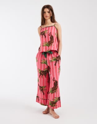 Chelsea Peers tiger foliage striped print cami and capri length bottoms sleepwear set in bright pink multi