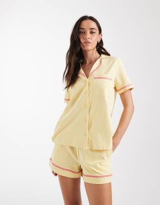 Chelsea Peers Time For A Nap Embroidered Short Sleeve Button Up Shirt And Shorts Sleepwear Set In Gold