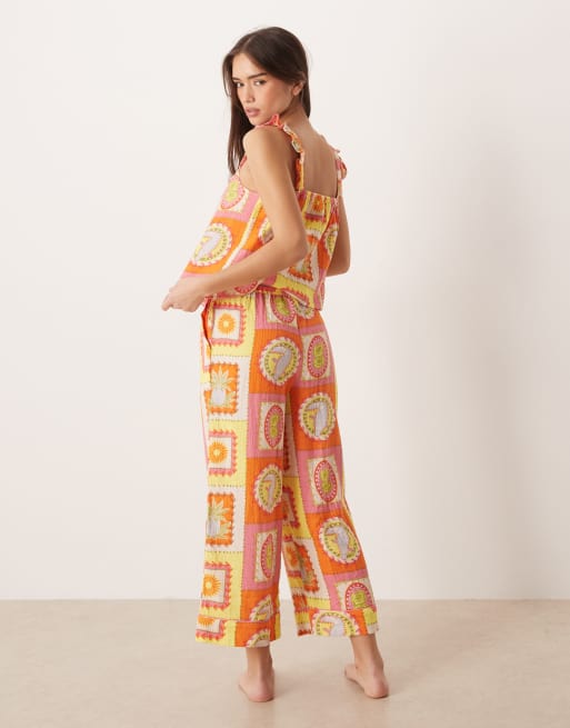 Chelsea Peers tropical grid print cheesecloth cami long nightwear set in multi, 4 of 5