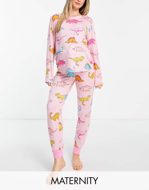 Chelsea Peers – Umstandsmode – Pyjama mit langärmligem Oberteil und Bündchenhose mit Dinosaurier-Print in Rosa und Blau
