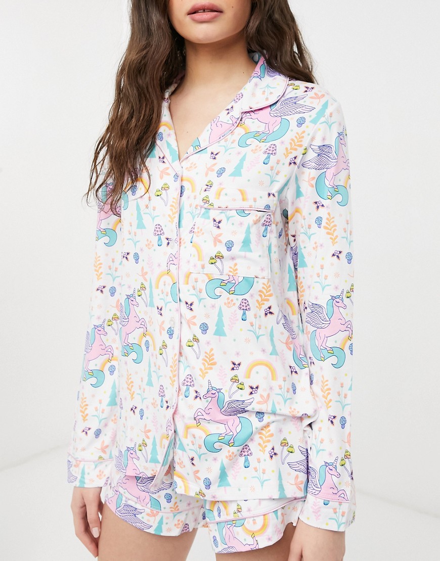 Chelsea Peers unicorn print shirt and shorts pajama set in multi color