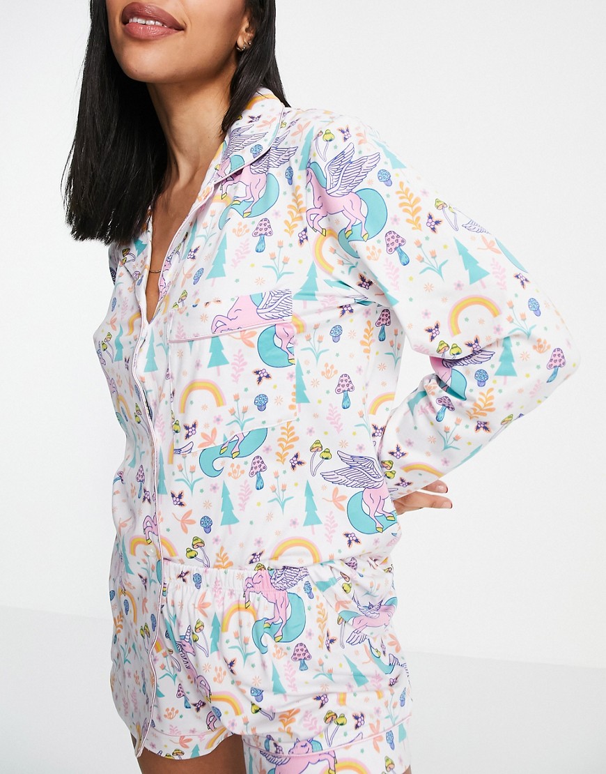 Chelsea Peers unicorn print shirt and shorts pajama set in multi color-White
