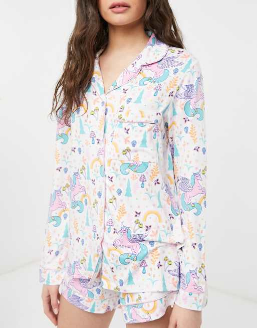 Chelsea Peers Unicorn Print Shirt And Shorts Pyjama Set In Multi Colour Faoswalim