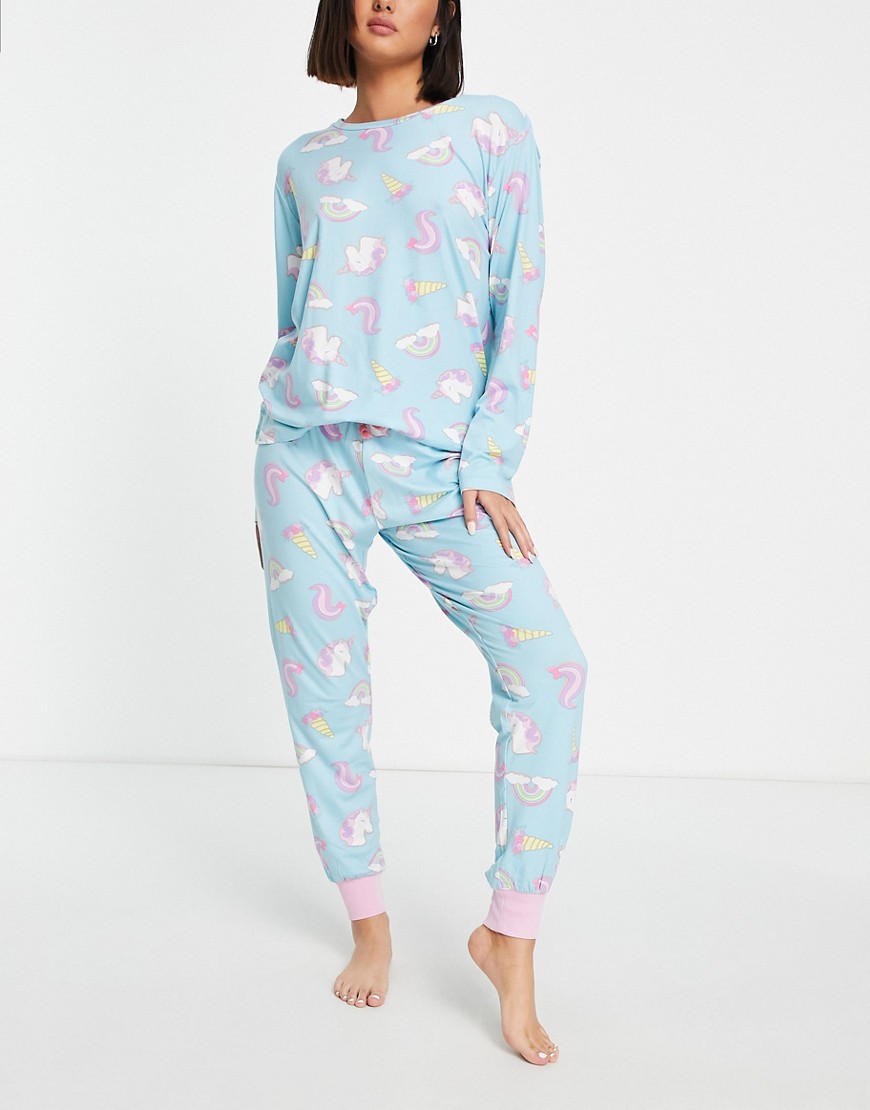 Chelsea Peers unicorn rainbow long pajama set in blue-Blues
