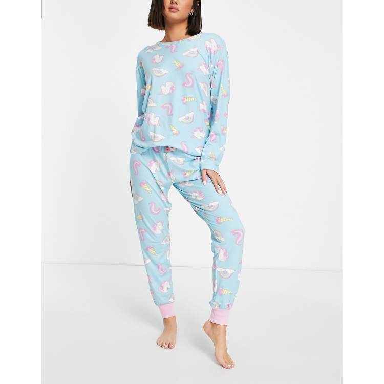 Chelsea Peers unicorn rainbow long pajama set in blue