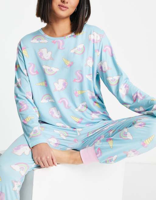 Chelsea Peers unicorn rainbow long pajama set in blue