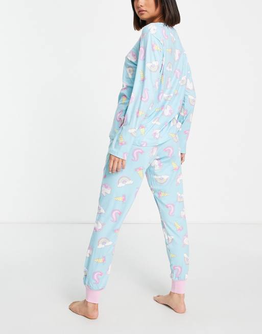 Chelsea Peers unicorn rainbow long pyjama set in blue, 2 of 4