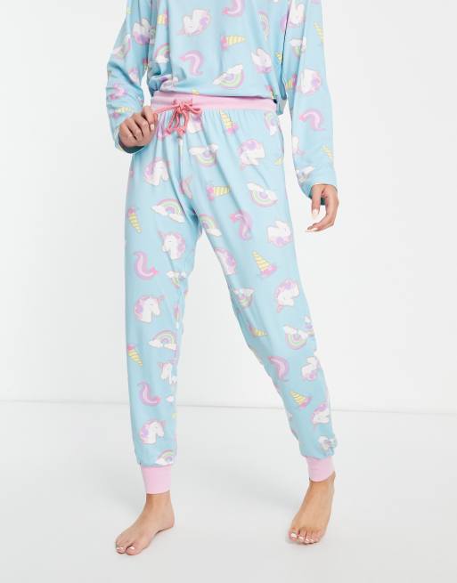 Chelsea Peers unicorn rainbow long pyjama set in blue, 4 of 4