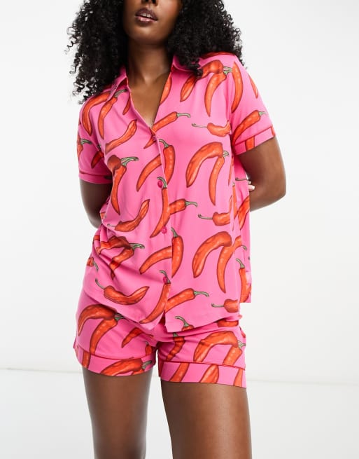 Chelsea peers v neck printed poly short Pj set in chilli print
