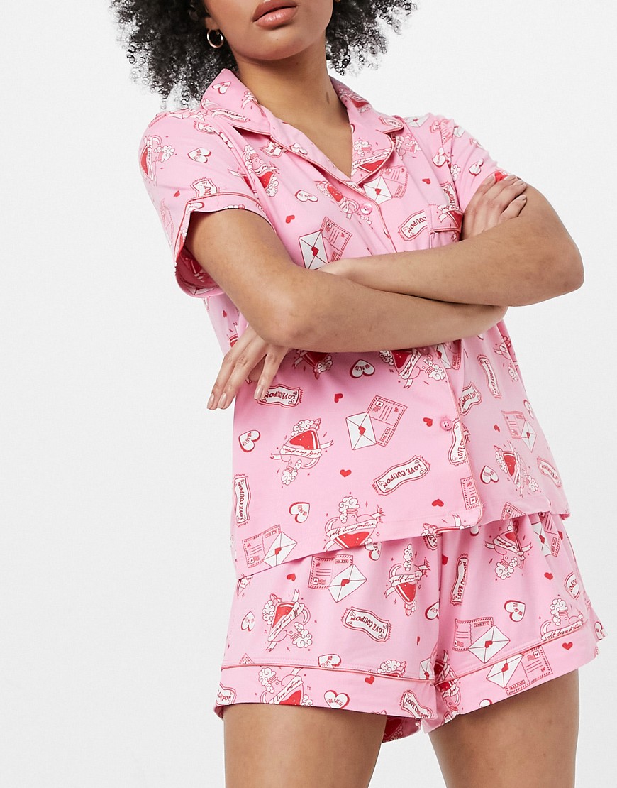Chelsea Peers valentines letter print shirt and shorts pajama set in pink and red