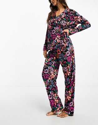 Chelsea Peers velour blazer long pyjama set in navy floral