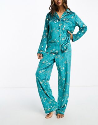 Chelsea Peers velour celestial long pyjama set in teal