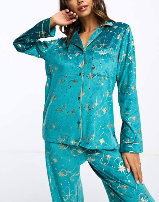 Chelsea Peers velour celestial long pyjama set in teal | ASOS