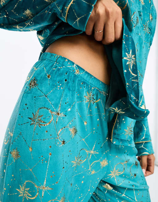 Chelsea Peers velour celestial long pyjama set in teal | ASOS