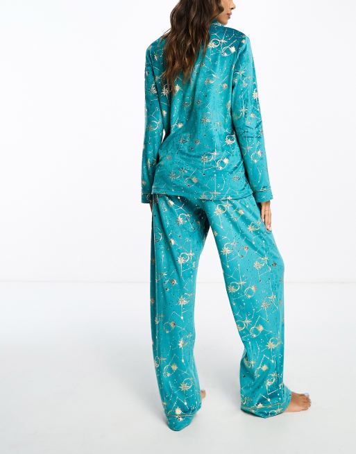 Chelsea Peers velour celestial long pyjama set in teal | ASOS