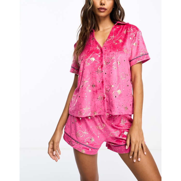 Chelsea Peers velour celestial short pyjama set in hot pink | ASOS