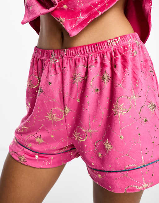 Chelsea Peers velour celestial short pyjama set in hot pink, 3 of 4