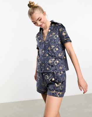 Chelsea Peers velour celestial short pyjama set in navy