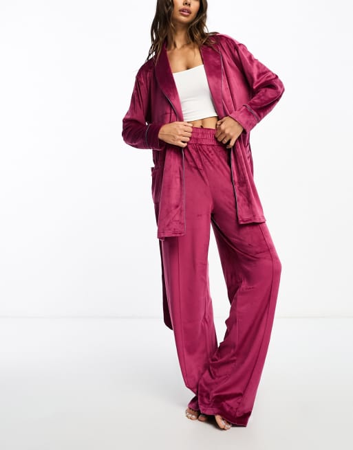 Chelsea Peers velour dressing gown and trousers lounge set in ruby pink ...