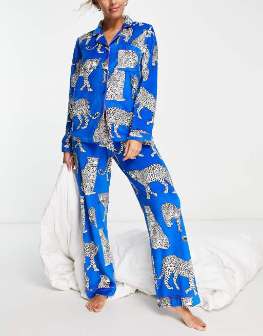Chelsea Peers velour leopard print top and pants pyjama set in cobalt 