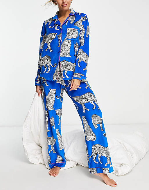 Chelsea Peers velour leopard print top and trouser pyjama set in cobalt ...