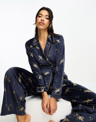 Chelsea Peers velour tie up top and trouser pyjama set in navy print