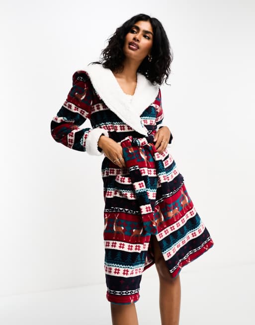Chelsea Peers - Vestaglia con cappuccio blu navy e rossa con motivo Fair Isle con cervi