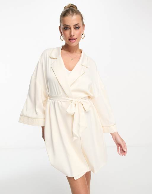 Chelsea Peers - Vestaglia stile kimono da sposa bianco sporco con polsini in pizzo