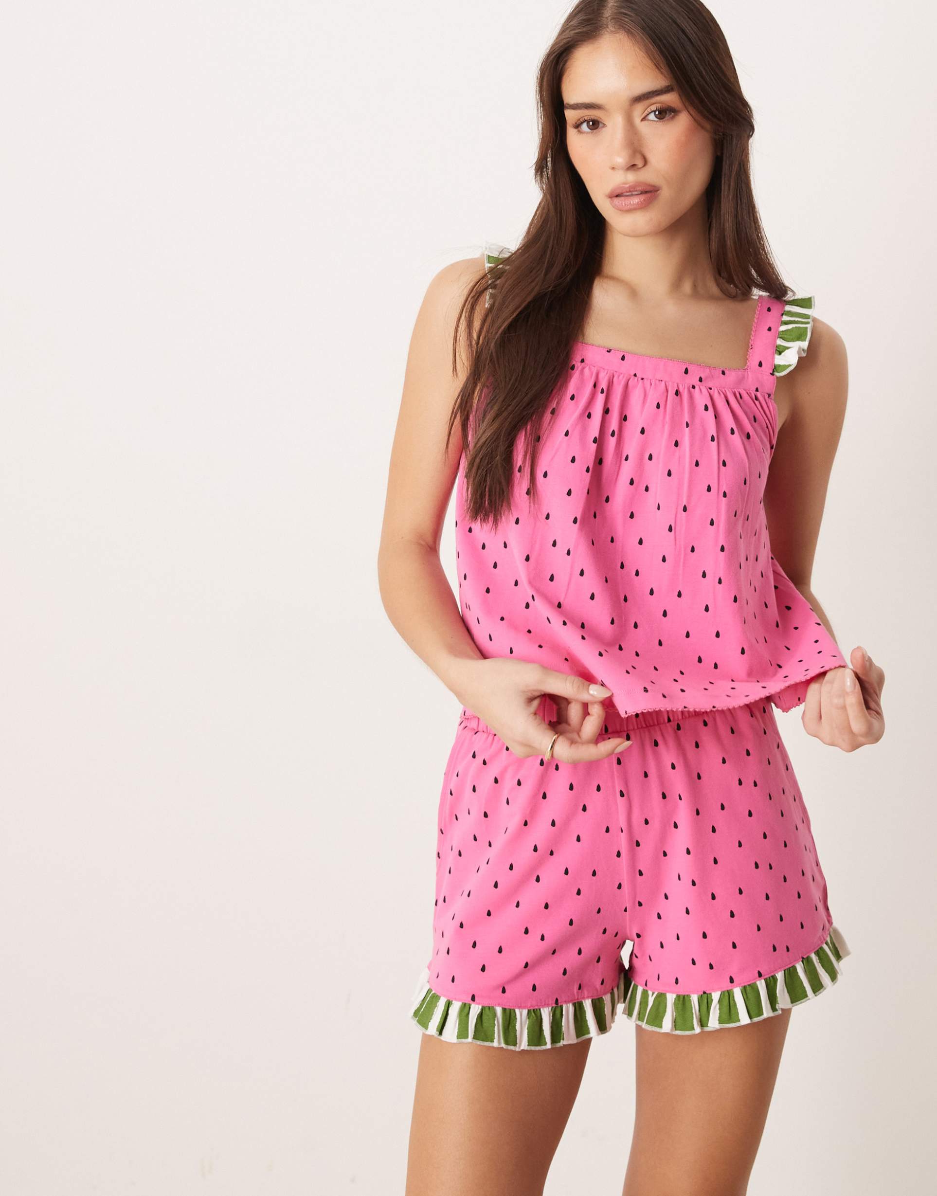 chelsea peers watermelon polka dots ruffle trim swing tank top and ruffle trim shorts sleepwear set in pink