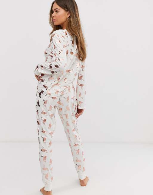 Chelsea Peers White and Rose Gold foil flamingos pants pyjama set