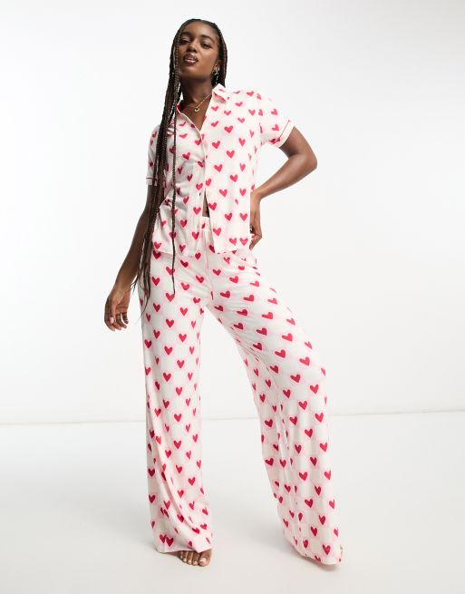 Chelsea Peers wide leg pajama set in red checkerboard heart print